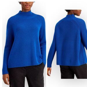 Eileen Fisher Ribbed Sweater Blue High Neck Raglan Sleeve Loose Fit L petite